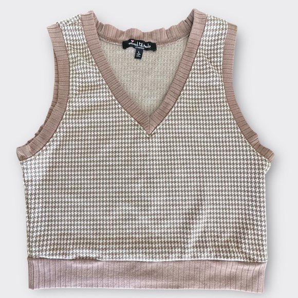 MIXED THREADS Sweater Vest Brown White Houndstooth Light Academia Preppy Women L - Picture 3 of 7